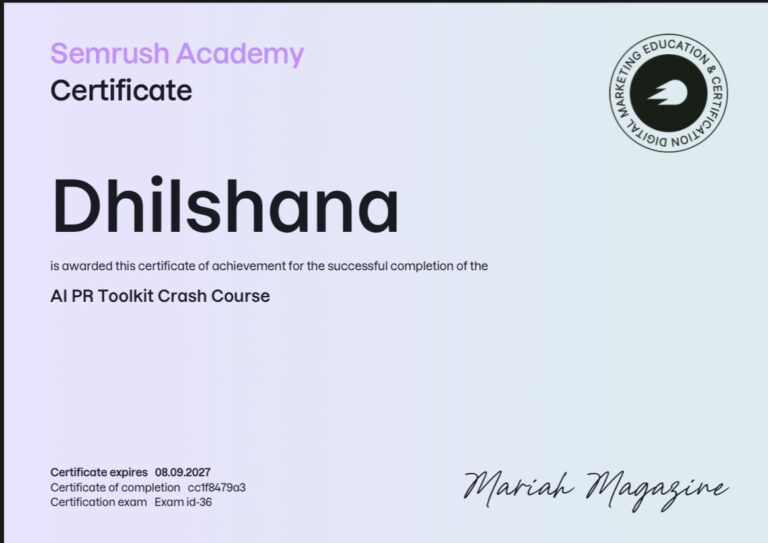 Semrush Academy AI PR Toolkit Crash Course certificate - Dhilshana