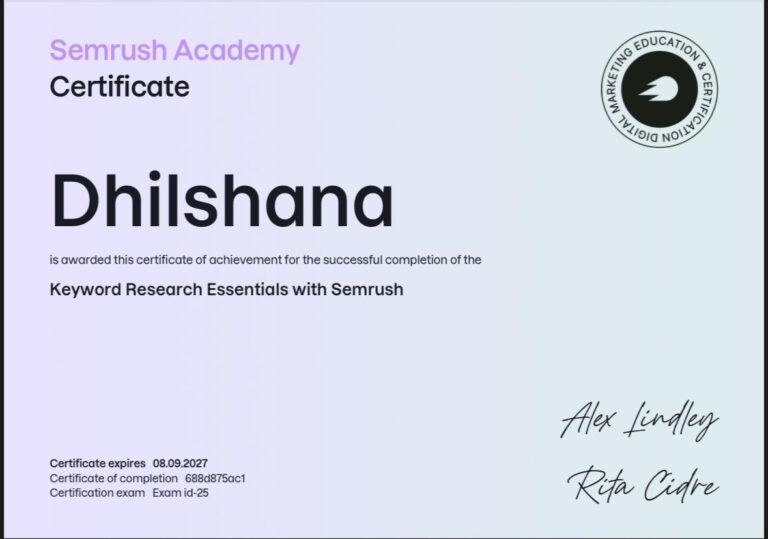 Semrush Academy Keyword Research Essentials certificate - Dhilshana
